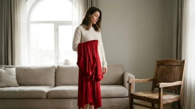 A pensive woman in a living room holding a vibrant red silk robe.