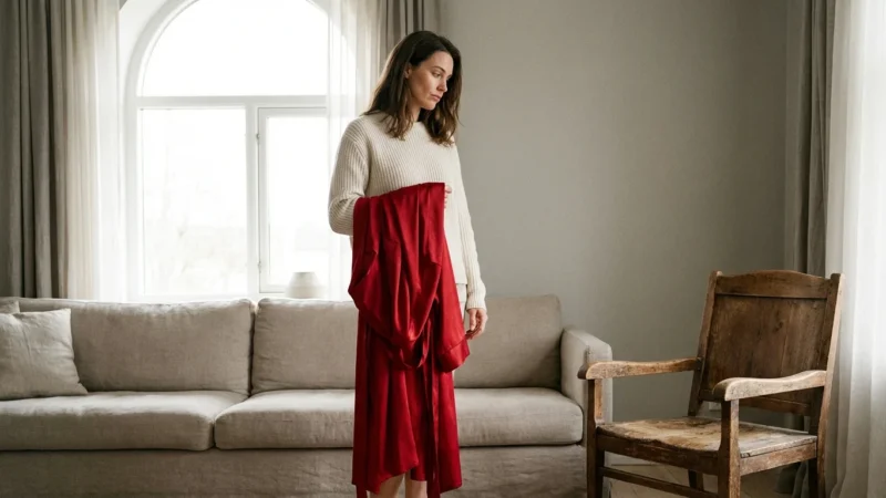 A pensive woman in a living room holding a vibrant red silk robe.