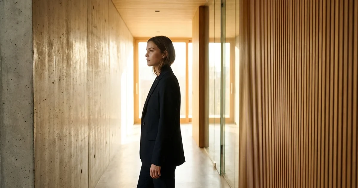 Woman in a black blazer standing in a modern hallway with concrete and wood walls