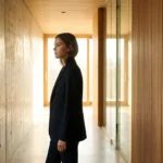 Woman in a black blazer standing in a modern hallway with concrete and wood walls