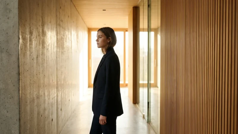 Woman in a black blazer standing in a modern hallway with concrete and wood walls