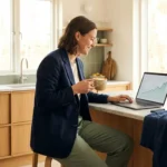 Woman in a navy blazer analyzing a growth chart on her laptop in a modern kitchen.