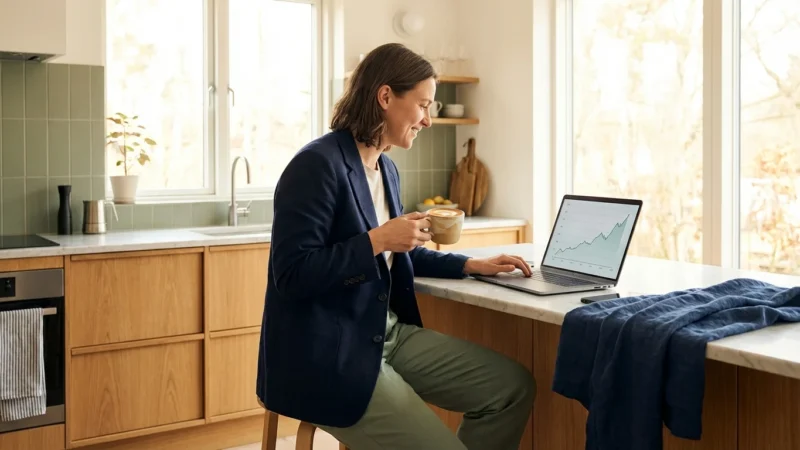Woman in a navy blazer analyzing a growth chart on her laptop in a modern kitchen.