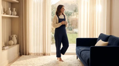 Woman in navy overalls holding a mug in a bright, modern living room.