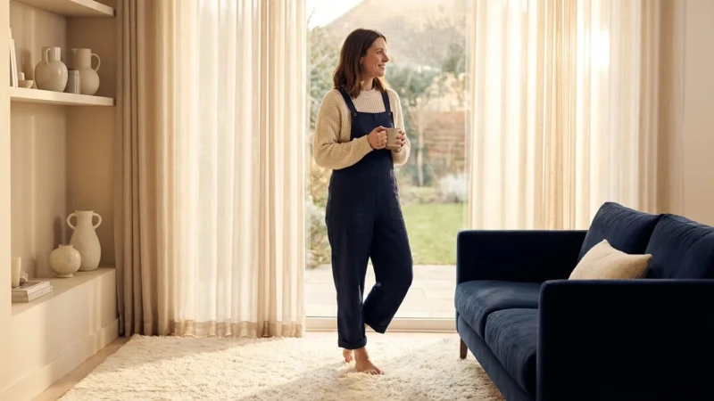 Woman in navy overalls holding a mug in a bright, modern living room.