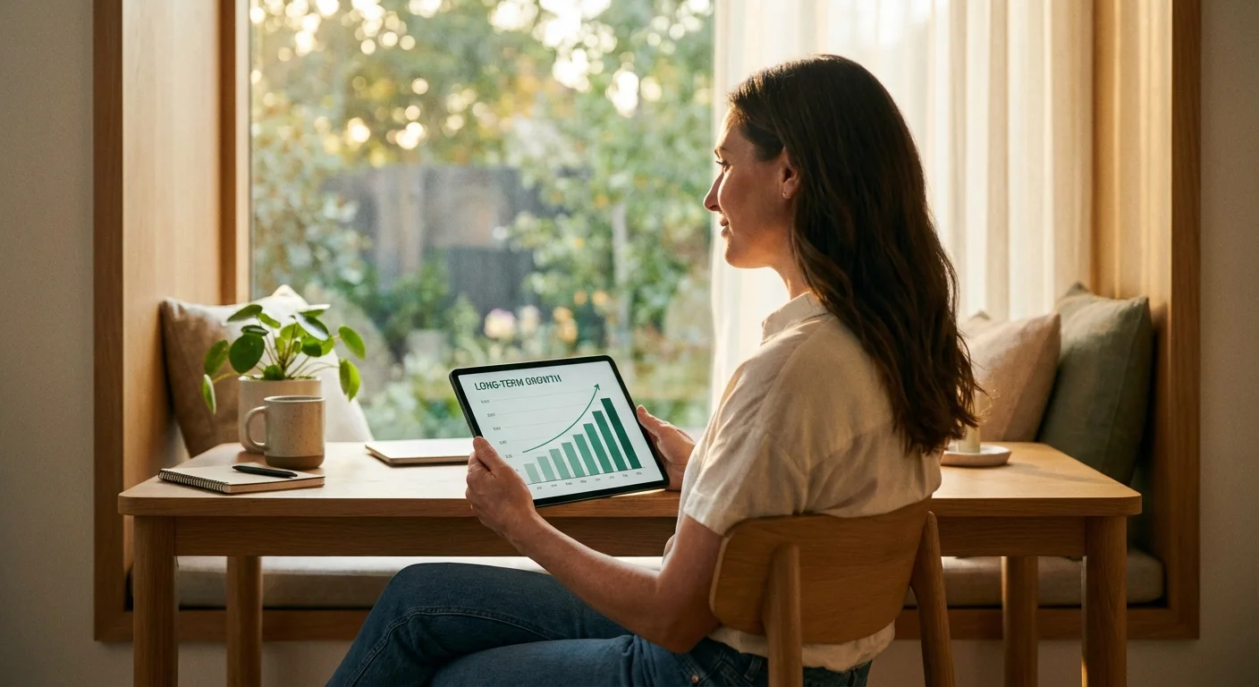 Person in a home office reviewing financial data on a tablet.