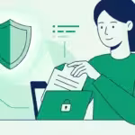 Woman holding a document while working on a secure laptop with a shield background