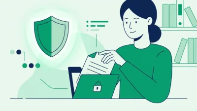 Woman holding a document while working on a secure laptop with a shield background