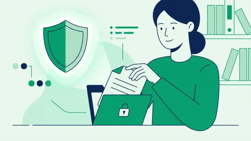 Woman holding a document while working on a secure laptop with a shield background