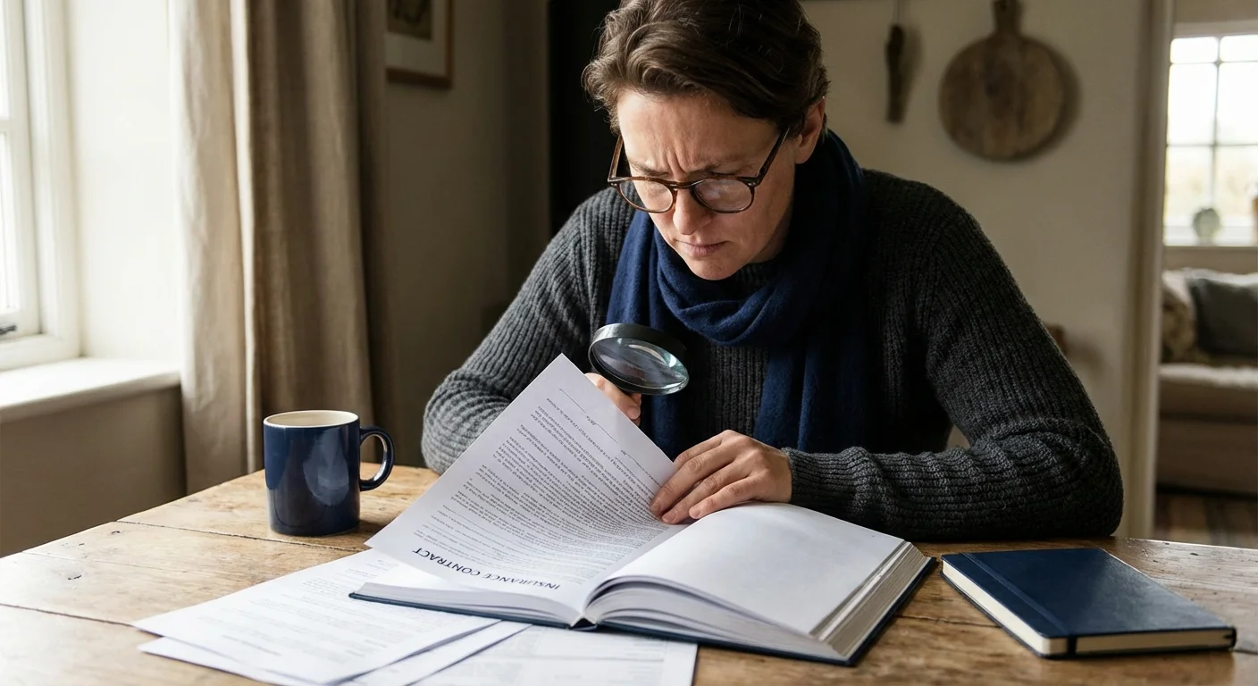 Person carefully reading a detailed insurance policy document.