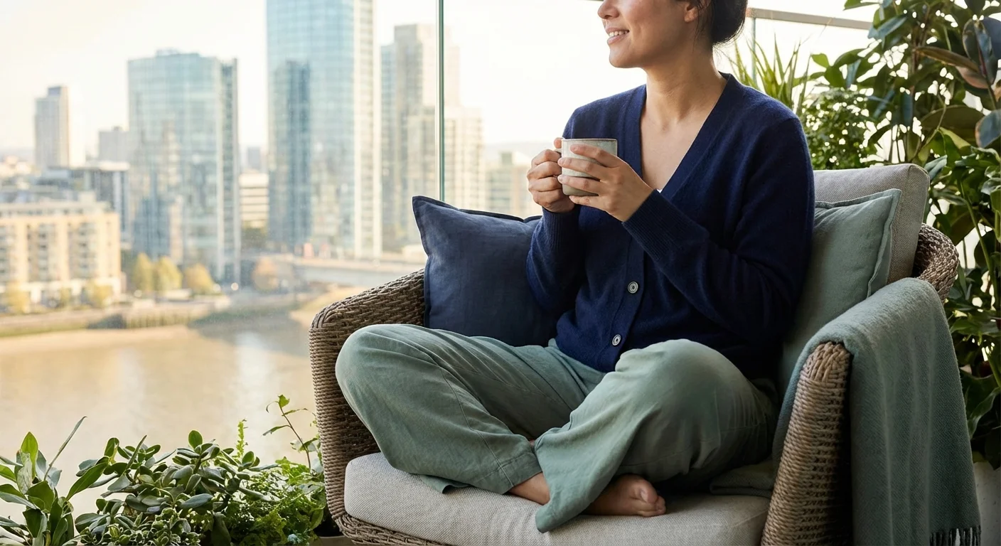 A person looking peaceful on a balcony with a cup of coffee.