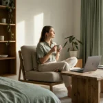 Woman sitting in a chair holding a mug in a minimalist modern living room.