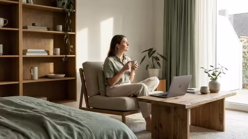 Woman sitting in a chair holding a mug in a minimalist modern living room.