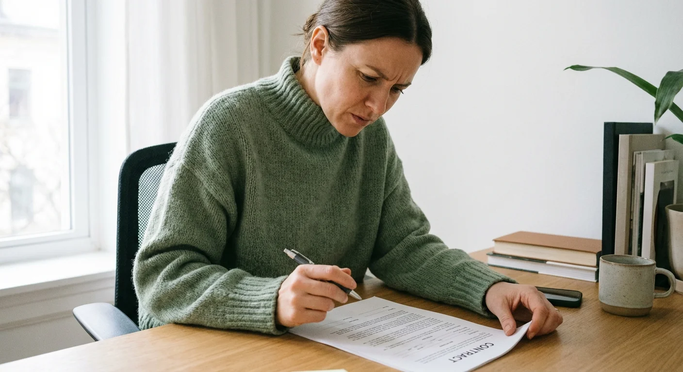 A woman carefully reading a document to ensure a fair and clear agreement.