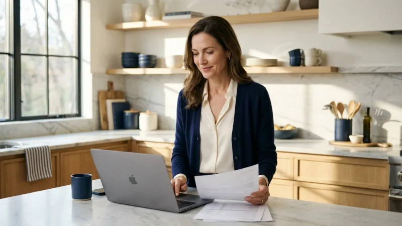 A woman reviews documents while working on a laptop at a marble kitchen counter.