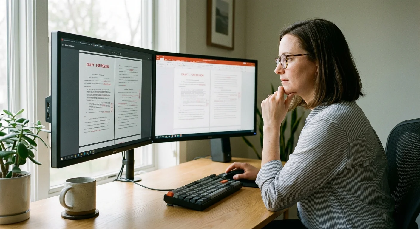 A professional reviewing digital documents on a computer screen in a clean office.