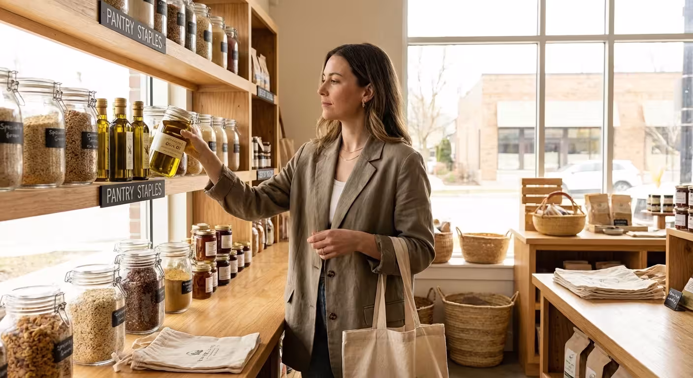 A woman shopping for groceries with confidence, representing smart consumer choices in 2025.