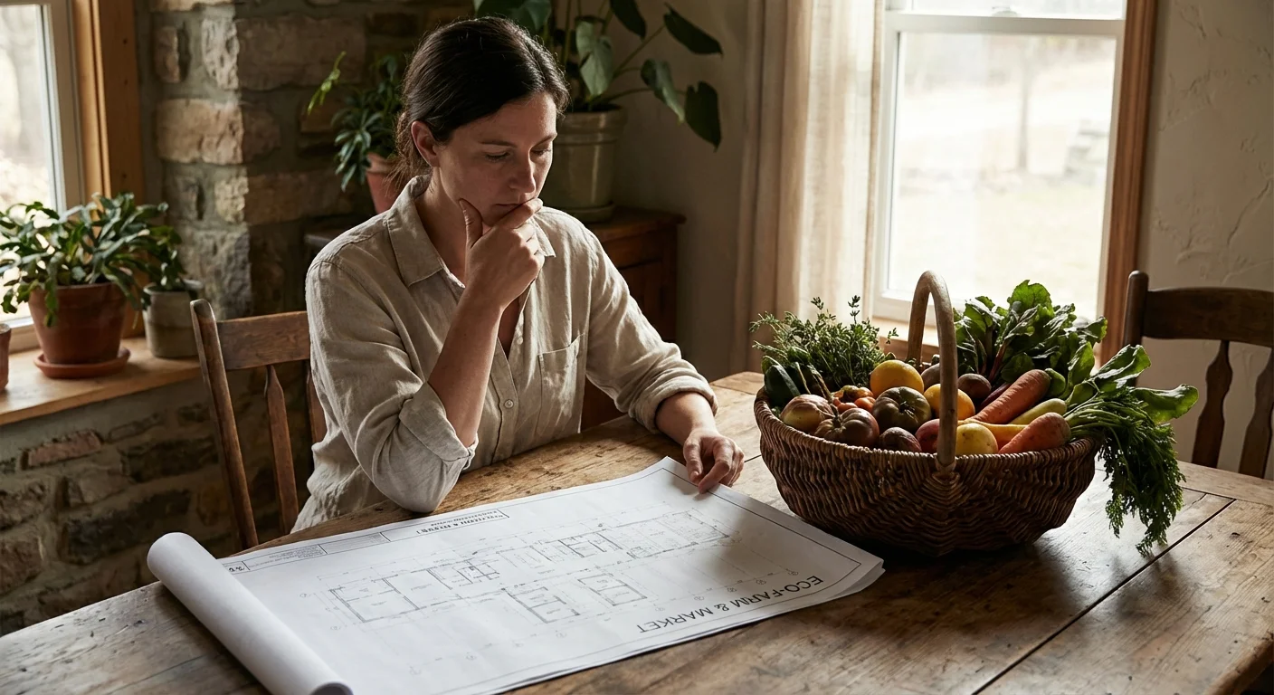 A person weighing the value of professional blueprints against a basket of fresh vegetables.