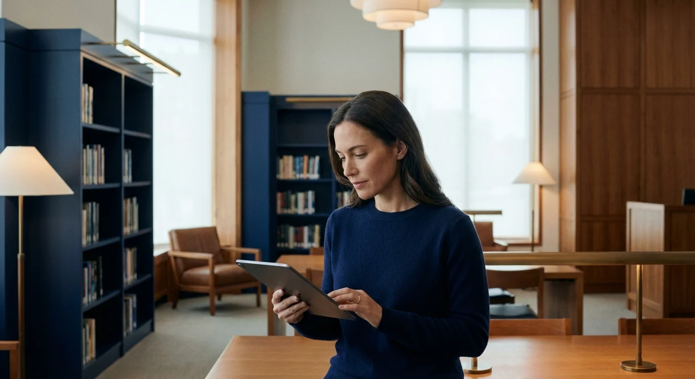 A person focused on a digital tablet in a modern study.