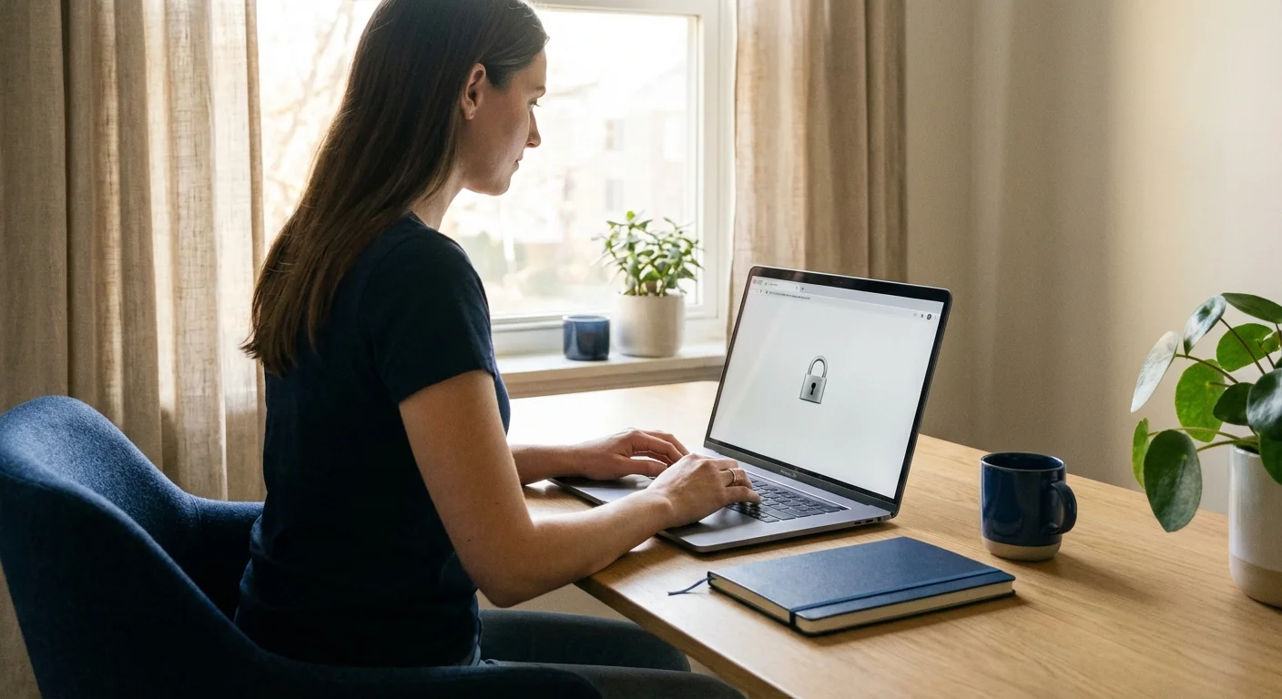 A person using a laptop with a security lock icon visible, representing data protection.