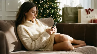 Woman in cream sweater dress using smartphone on sofa with Christmas tree and shopping bags.