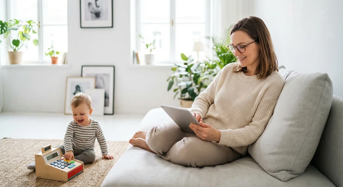 A mother researching on a tablet while her child plays nearby in a modern living room.