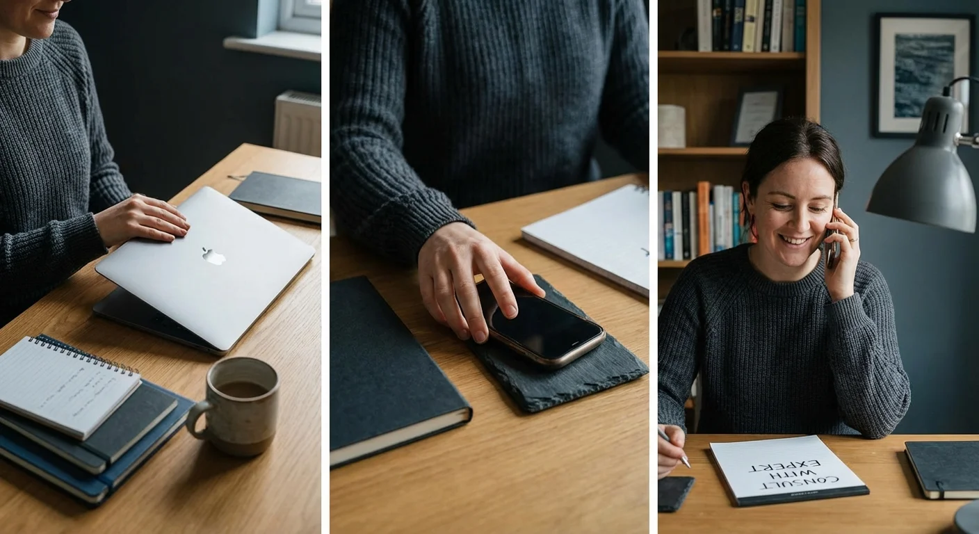 Person in a home office reaching for a phone to call an expert.