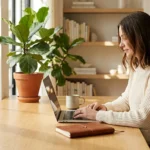Woman working on a laptop at a wooden table in a bright home office