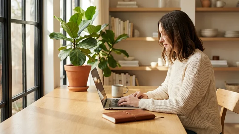 Woman working on a laptop at a wooden table in a bright home office