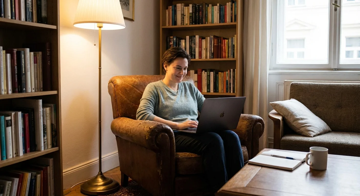 A person sitting on a sofa using a laptop to research financial solutions.