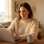 Focused woman typing on a laptop at a wooden table in a bright home