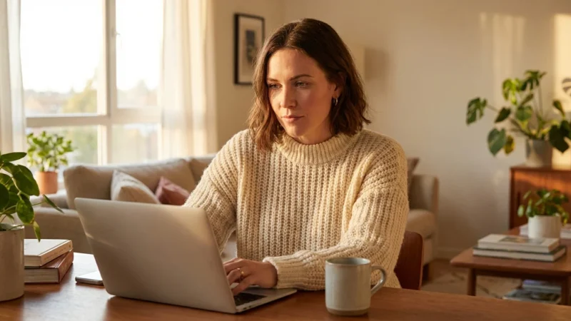 Focused woman typing on a laptop at a wooden table in a bright home