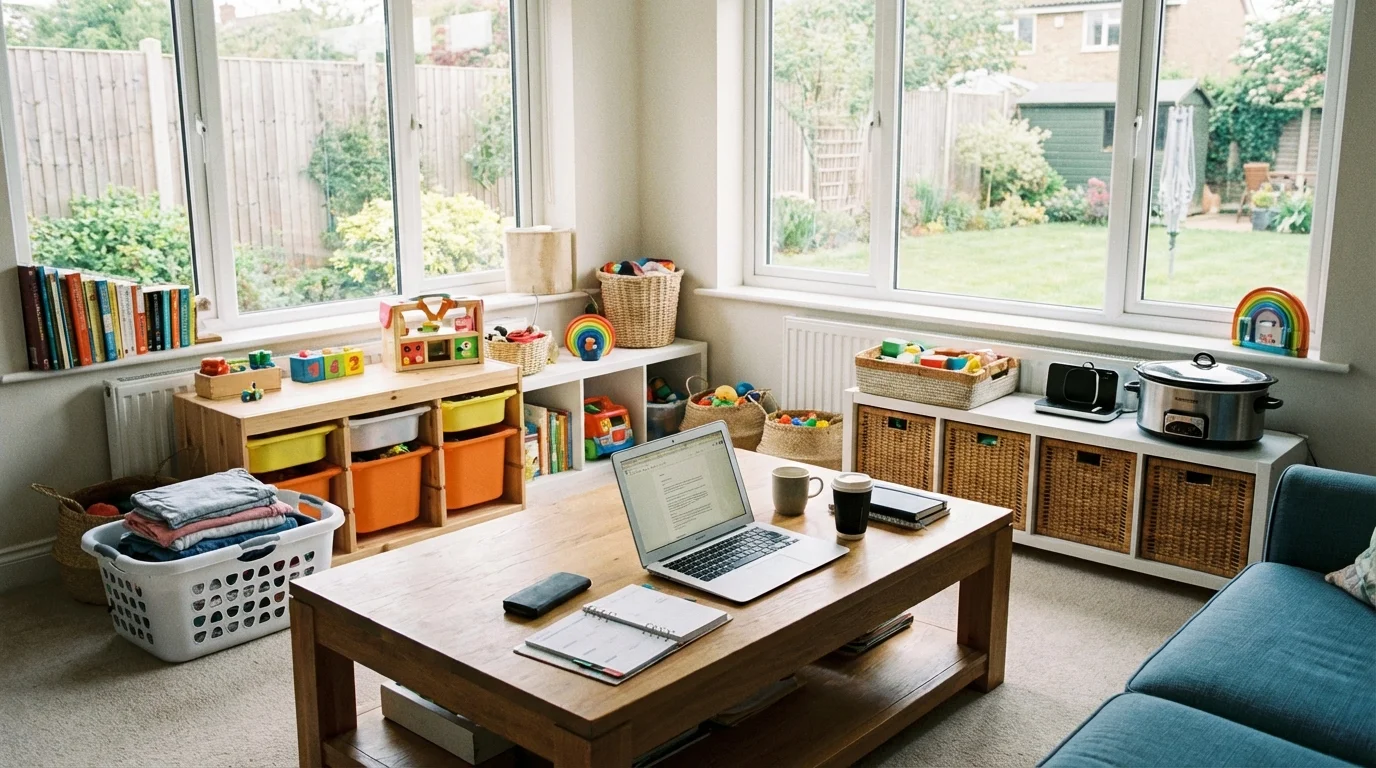 A clean, sunlit family living room representing the organized complexity of a household.