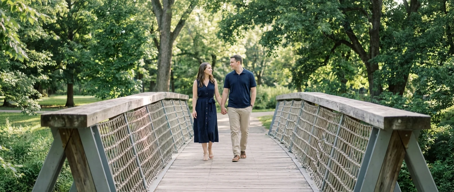 A couple walking across a strong wooden bridge in a sunlit park.