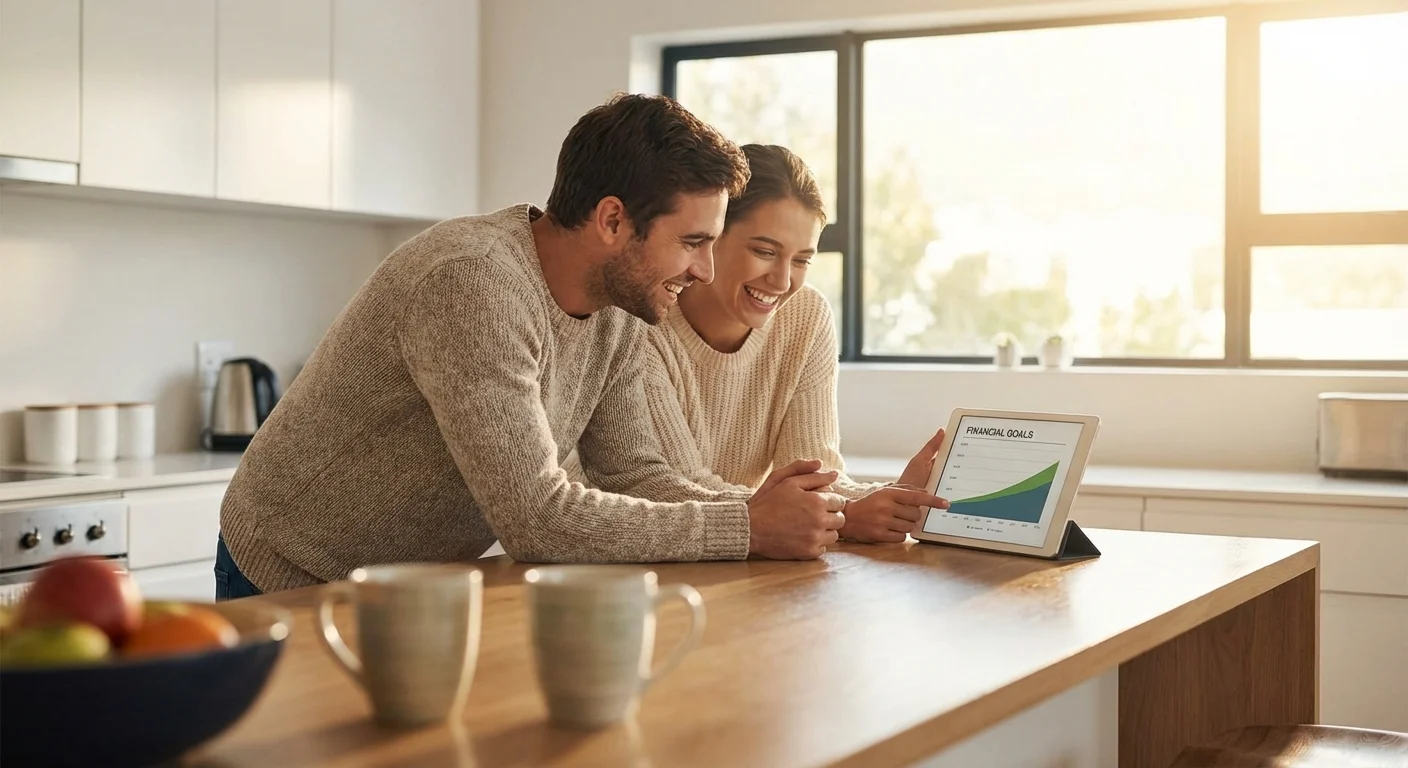 A couple looking at a tablet together in a sunny kitchen, representing shared financial planning.