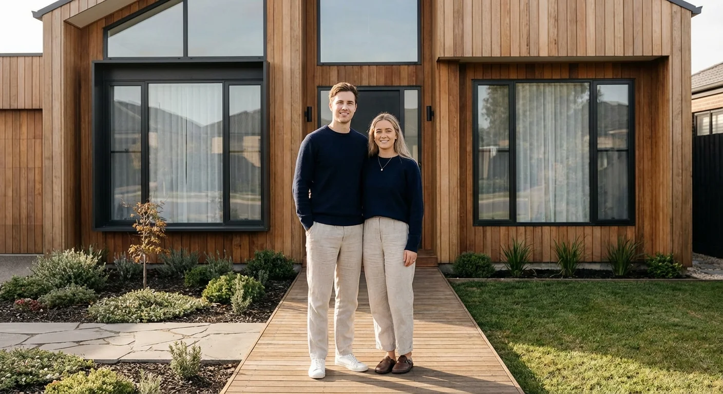 A couple standing proudly in front of a modern suburban home.