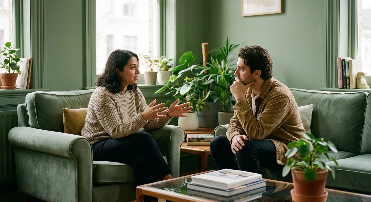 Two colleagues having a focused and empathetic conversation in a comfortable office lounge.