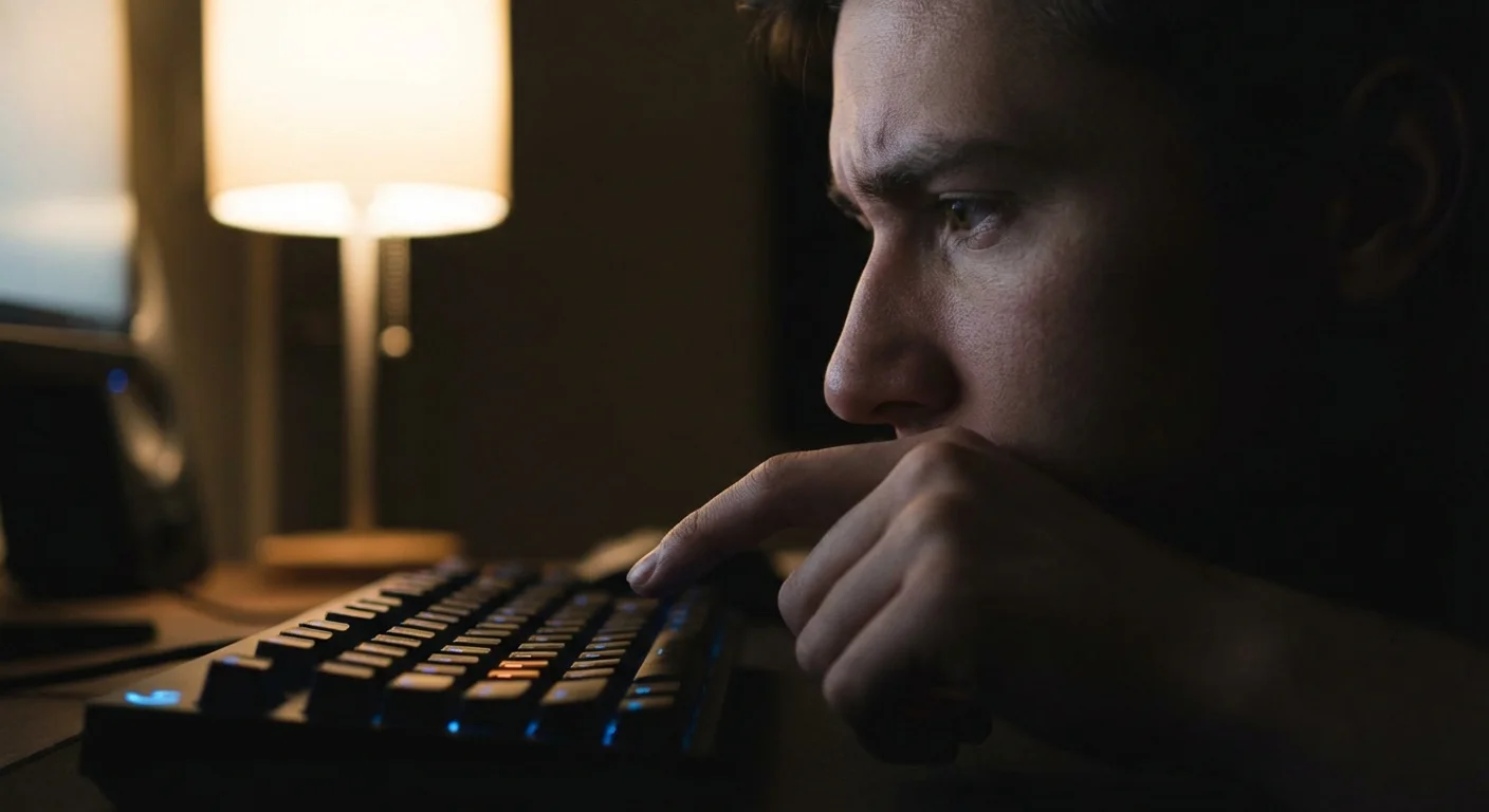 A close-up of a thoughtful person at a computer, representing careful decision-making to avoid mistakes.