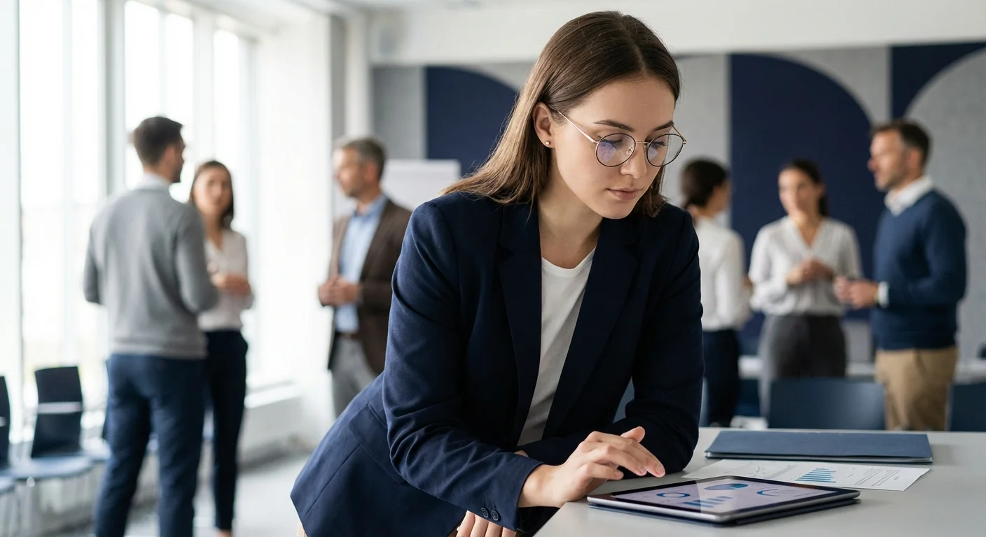 Young professional taking notes at a modern business seminar.