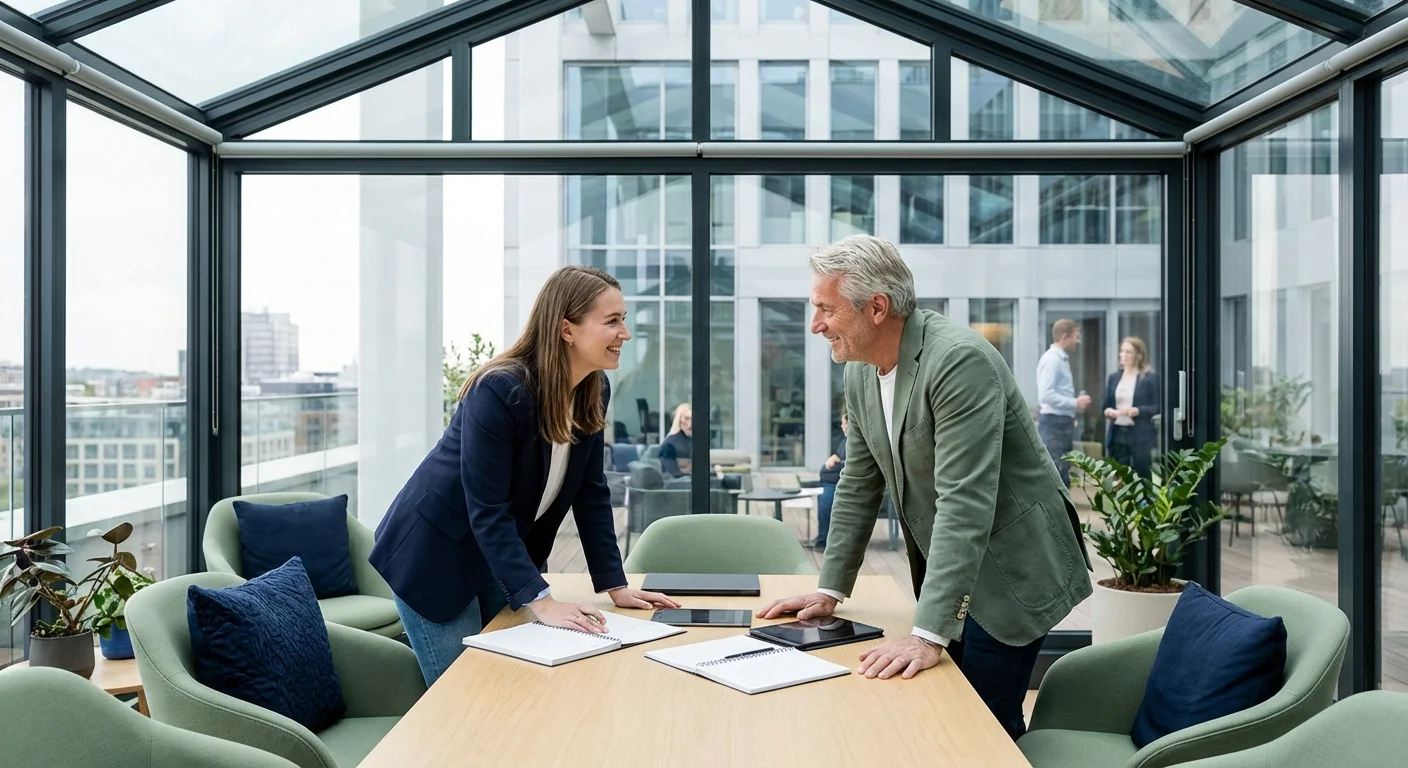 Young professional talking with a mentor in a modern office.