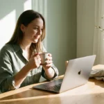 A person smiling while managing finances on a laptop in a bright, modern kitchen.