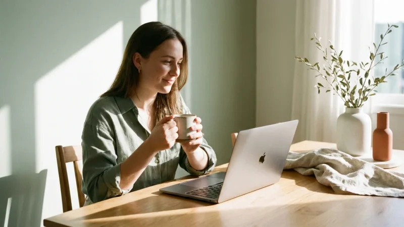 A person smiling while managing finances on a laptop in a bright, modern kitchen.