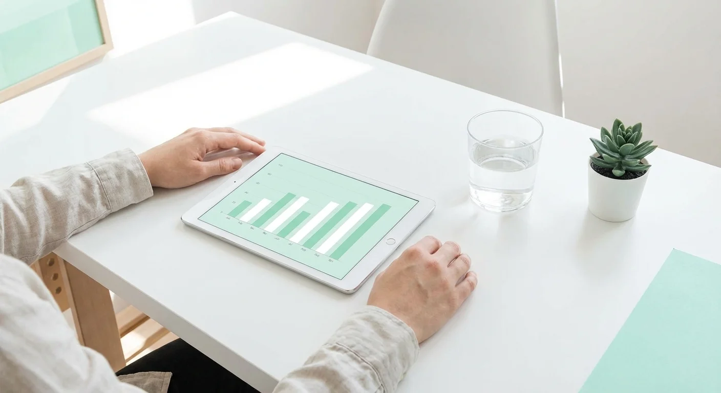 A tablet showing a bar graph on a clean white desk with a plant.