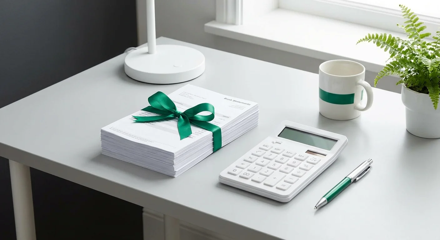 An organized desk with bank statements, a calculator, and a pen.