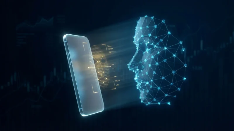 3D render of a digital face scan grid appearing over a smartphone in a dark, high-tech setting.