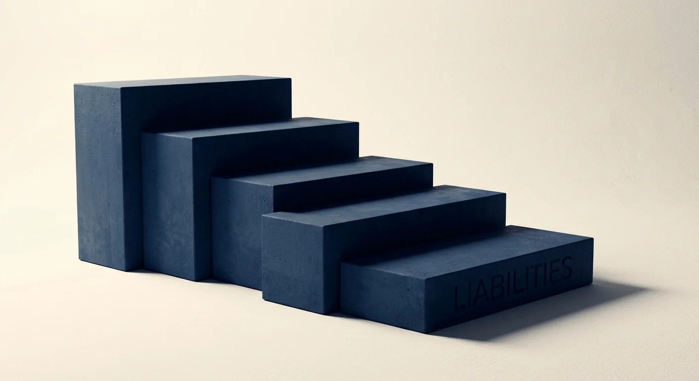 Descending navy blue 3D blocks representing financial liabilities and debt.