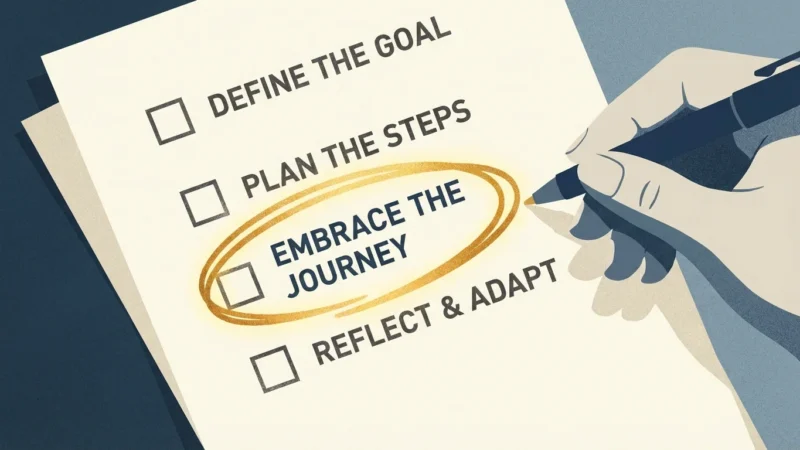 A hand holding a pen circles the phrase Embrace the Journey on a checklist.