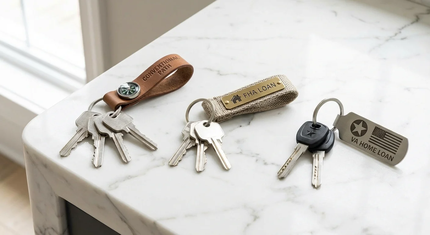 Three sets of house keys arranged neatly on a marble surface, representing different mortgage options.