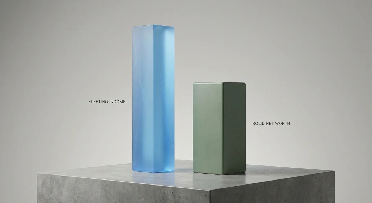Two 3D pillars comparing the concepts of income and net worth.